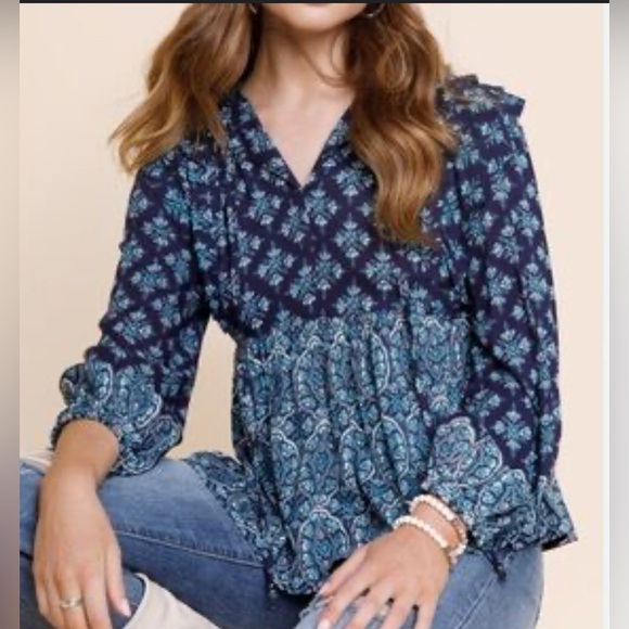 Blue Rain Bohemian Flowy Ruffle Bell Sleeve Top Size medium - Picture 1 of 12